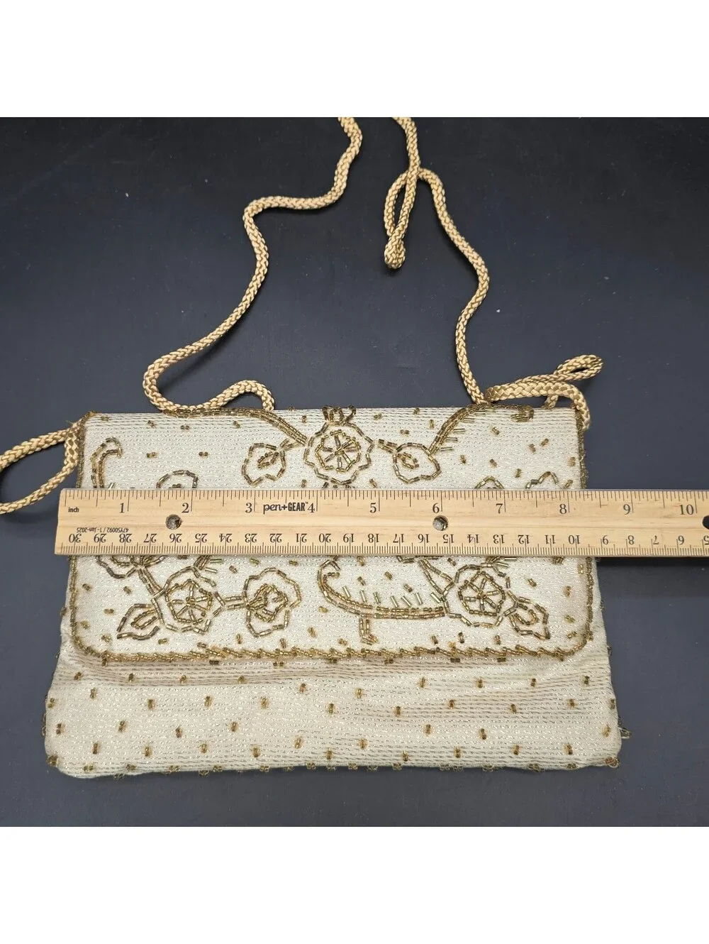 Vintage La Regale Hand Beaded Clutch Purse Cream Gold Floral Evening Bag 1980s